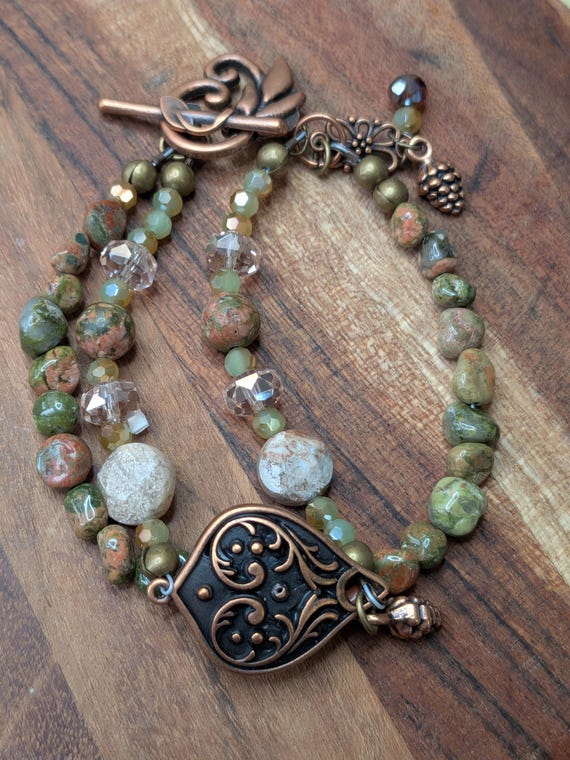 Earthy Unakite and Fossil Coral Two-Strand Bracelet With Antique Copper Shield