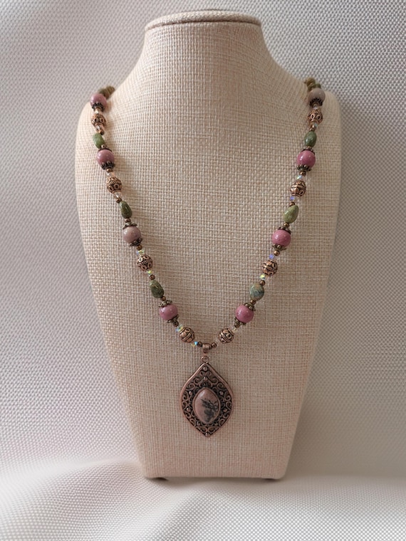 Rhodonite Pendant Necklace, Pink and Black Stone Necklace, Bohemian Gemstone Layering Necklace, Unakite and Rhodonite Beaded Necklace