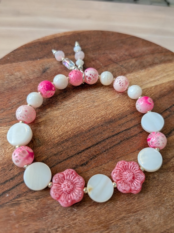 White Mother of Pearl, Shell, Pink Daisy Flower Beads,  Pink Enameled Beads and Crystals Bracelet Kit