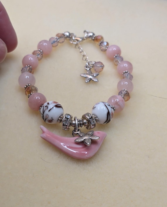 Pink Selenite and Porcelain Floral Bird Bracelet