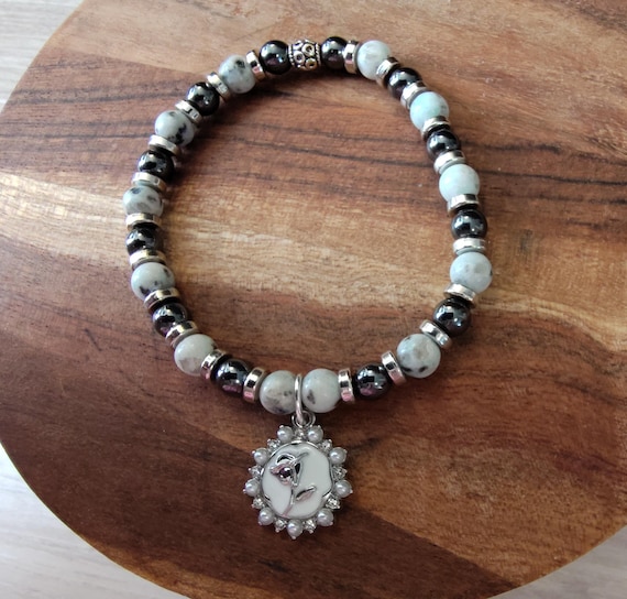 Bracelet Kit #032926F - Hematite and Dalmatian Jasper With Enameled Pearl Dangle Bracelet