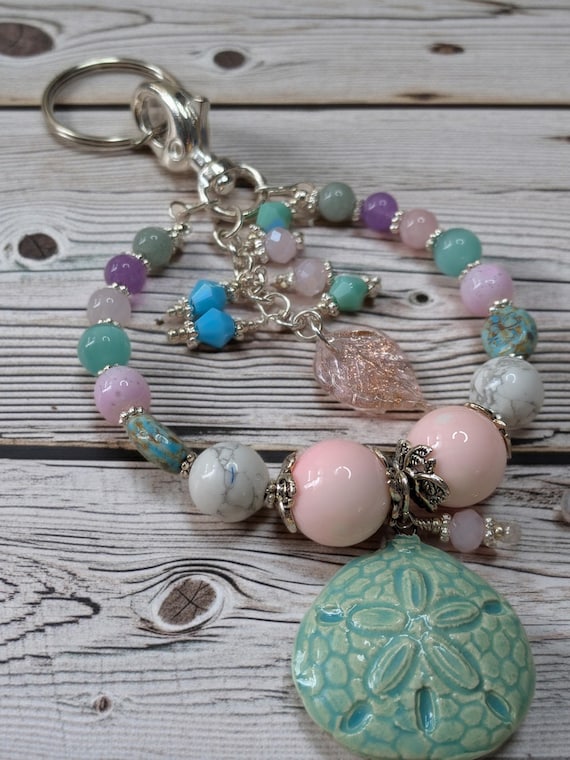 Pastel Beaded Ceramic Sand Dollar, Shell, Magnesite and Morganite Purse Tassel - Beachy Boho Bag Accessory