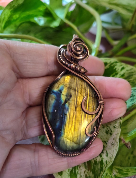 Labradorite Pendant Artistically Wrapped In Copper. Statement Pendant.