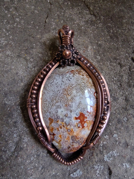 Crazy Lace Agate Artistically Wrapped In Copper. Statement Pendant.