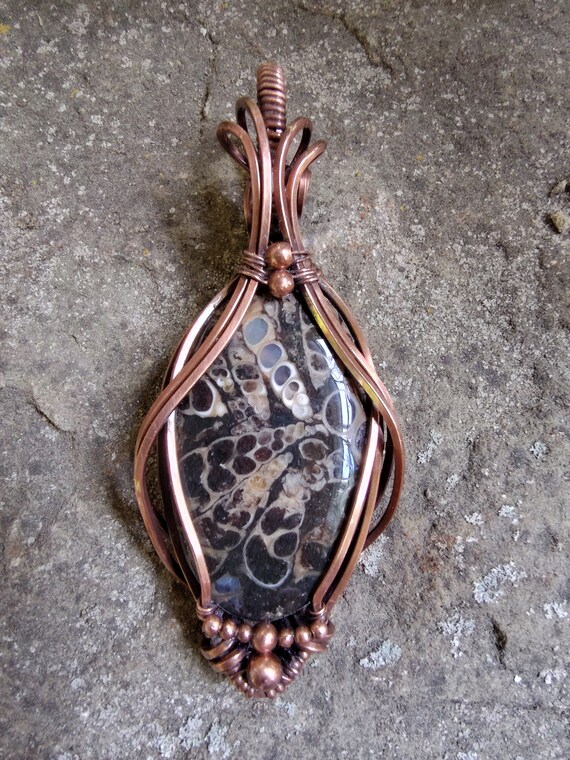 Turritella Agate Artistically Wrapped in Copper. Statement Pendant
