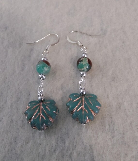 Sea Jasper and Czech Glass Leaf Earrings