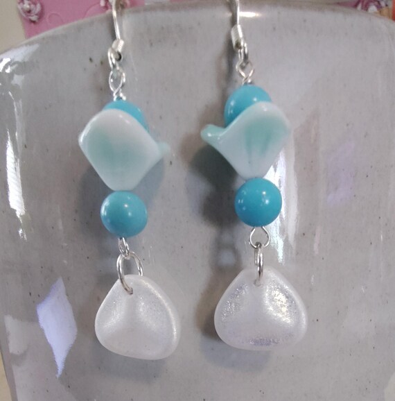 Turquoise with Blue and White Bellflower Czech Glass and White Czech Glass Petals