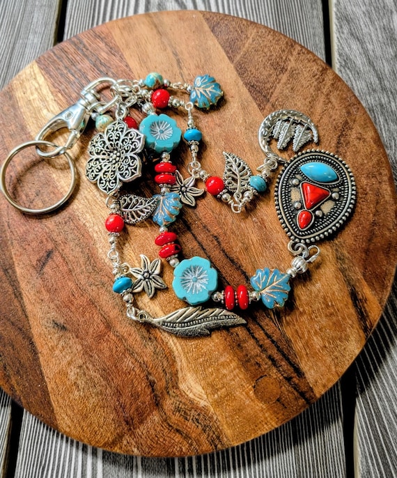 Boho Purse Tassel ,Coral, Faux Turquoise Focal,  Southwest Bag Charm Using Nature Inspired Dangles