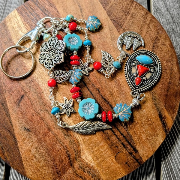Boho Purse Tassel ,Coral, Faux Turquoise Focal,  Southwest Bag Charm Using Nature Inspired Dangles