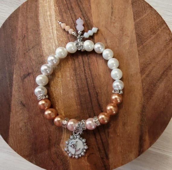 Bracelet KIt# 040126B - Shell Pearl and Crystal With Enameled Rose Dangle Bracelet