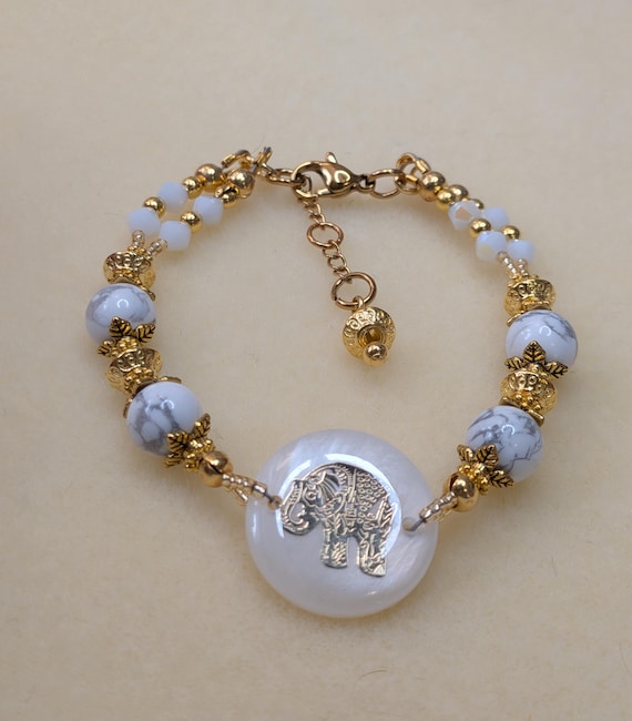 Elegant Magnesite and Freshwater Shell Elephant Bracelet