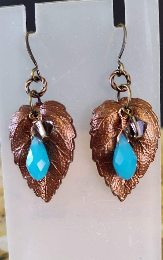 Chalcedony, Swarovski Crystals and Vintage Copper Leaf Earrings