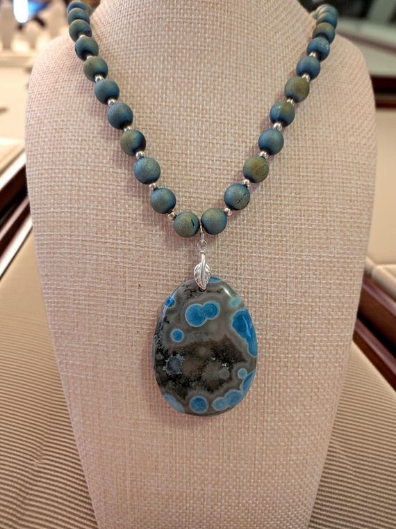 Ocean Jasper Druzy Pendant Necklace - Agate Beaded Gemstone Jewelry - Handmade Natural Stone Necklace
