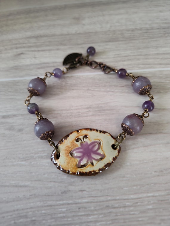 Lilac Stone, Amethyst and Handmade Ceramic Butterfly Bracelet