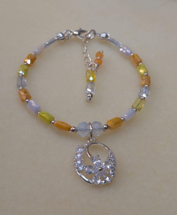 Boho Chic Crystal and Cubic Zirconia Flower Dangle Bracelet - Delicate Crystal Beaded Chain - Everyday Elegant Jewelry