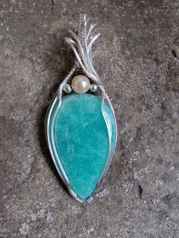 Amazonite Teardrop Artistically Wrapper in Sterling Silver. Statement Pendant.