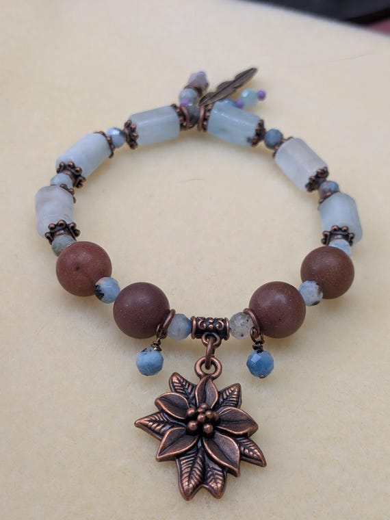 Aquamarine and Aventurine Bracelet With Antique Copper Poinsetta and Dangles