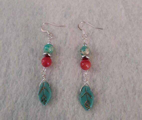 Coral, Jasper and Turquoise Czech Glass Leaf Earrings