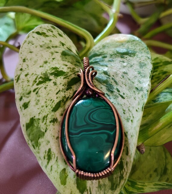 Malachite Artistically Wrapped In Copper. Statement Pendant. Gemstone Pendant