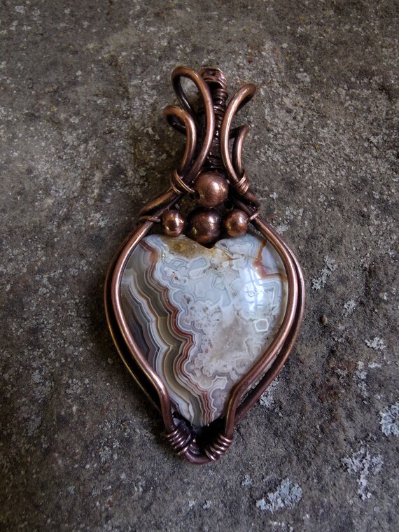 Crazy Lace Agate Heart Artistically Wrapped in Copper