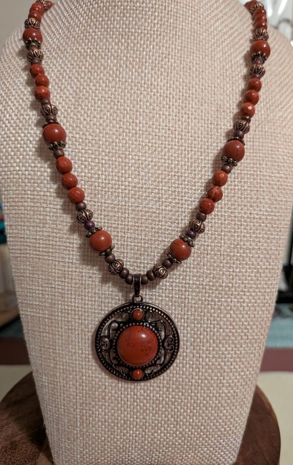 Rustic Red Jasper Beaded Pendant Necklace - Bohemian Bronze Tone Statement Jewelry