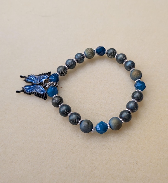 Natural Blue/Green Stones and Patterned Glass  Stretch Bracelet with Enameled Butterfly Dangle