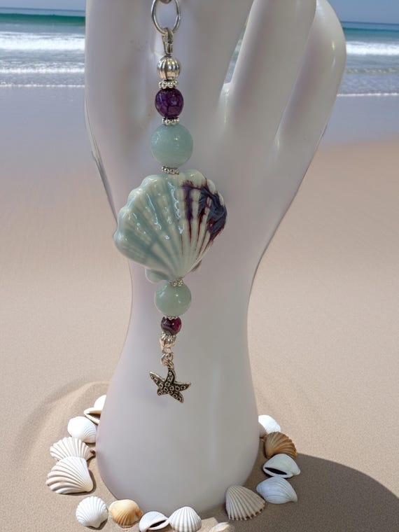Beachy Sea Shell, Amazonite and Starfish Keychain  Purse Tassel - Ocean Inspired Handmade Tassel
