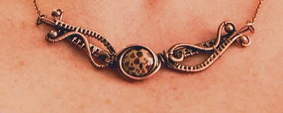 Jasper Wire Wrapped With Copper Free Formed Curved Bar Pendant. Statement Pendant