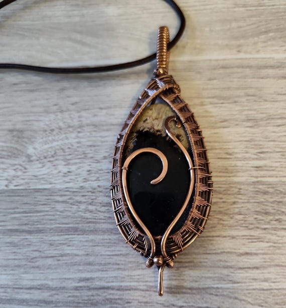 Petrified Palm Wood Wrapped in Copper Wire Statement Pendant