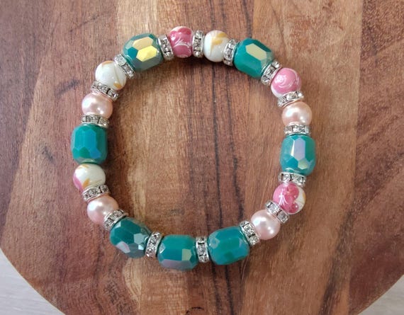 Bracelet Kit#040126 - Teal AB Glass Barrel Beads, Porcelain Hand Painted Beads and Shell Pearl Beads Bracelet