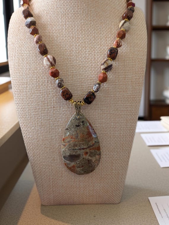 Handmade Jasper Teardrop Pendant Necklace With Jasper and Obsidian Beads- Boho Chic Natural Stone Necklace-Rustic Stone Statement Necklace