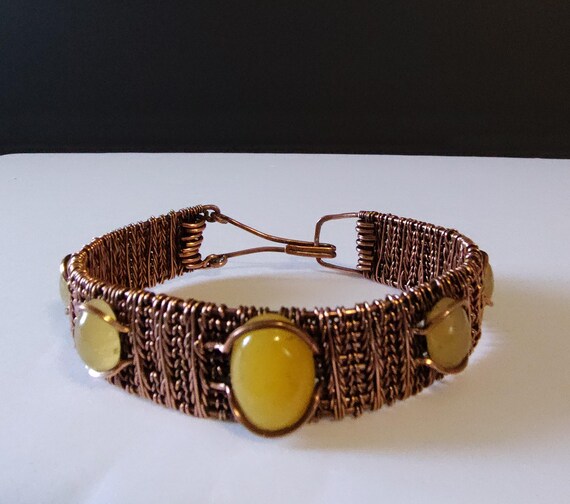 Citrine and Yellow Quartz  Copper Wire Woven Cuff Bracelet