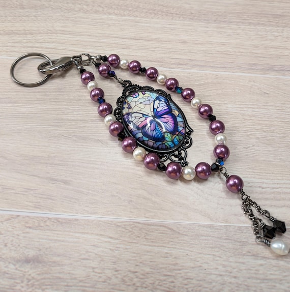 Black Framed Butterfly, Glass Pearls and Crystals Purse Tassel