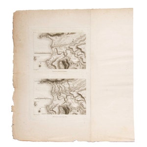 May include: Two black and white maps of a coastal region with text in French. The maps are on a piece of aged paper with a brown tint.