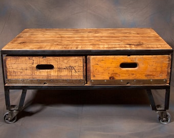 Industrial Style Repurposed Coffee Table Hand Made Home Decor Furniture Country Chic Accent Table Living Room Loft with Caster Wheels