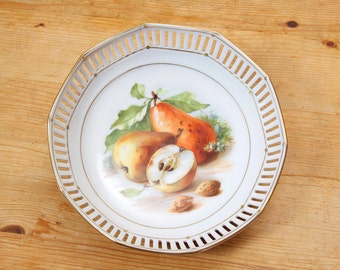 Vintage German Porcelain Ceramic Dish Bowl Platter Tray Decorative Serving Tray Home Table Decor Pierced Porcelain Gold Trimmed