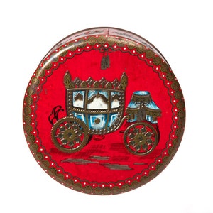 Vintage Tin Metal Box, Vanity Candy Cookie Biscuit Collectible Trinket Red Round Box, Storage Container Embossed Victorian Royal Coach