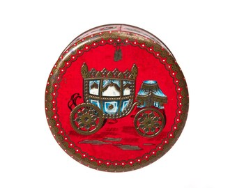 Vintage Tin Metal Box, Vanity Candy Cookie Biscuit Collectible Trinket Red Round Box, Storage Container Embossed Victorian Royal Coach