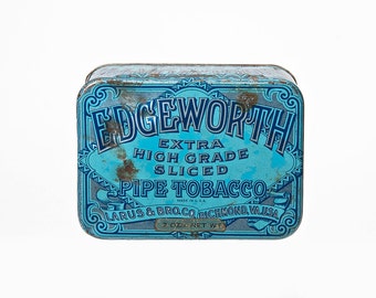 Vintage Edgeworth Pipe Smoking Sliced Tobacco Tin Box Container Aqua Blue Turquoise Box, Larus Bros, Richmond VA, USA
