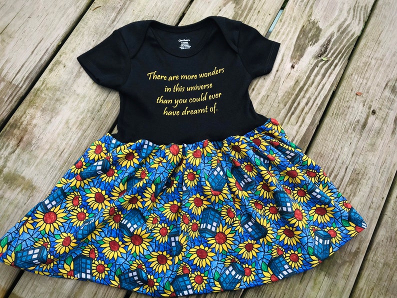 Van Gogh sunflower Police box Onsie baby dress or toddler tshirt dress Who tv Doctor bodysuit , baby layette, baby shower gift image 1