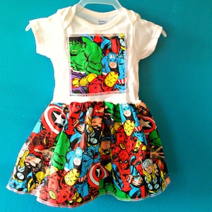 Comic book Super Hero Onsie baby dress or toddler tshirt dress  licensed fabric