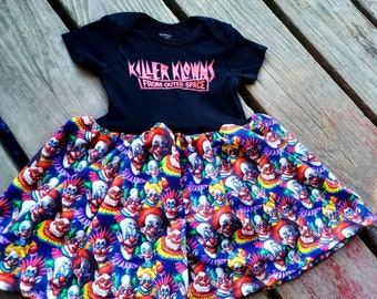 Killer Klowns Onsie baby dress or toddler tshirt dress ,horror movie, outer space , cult classic, retro, baby shower gift, clowns, scary