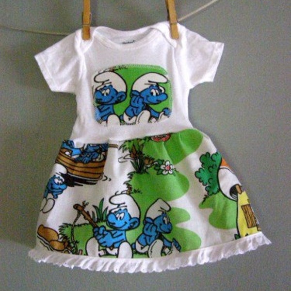 SMURF Onesie TuTU Dress baby layette hippie cartoon vintage fabric