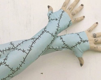 Ragdoll stitches long fingerless Gloves Sally / Frankie stein inspired , accessories, costume, cosplay, Halloween accessory, patches