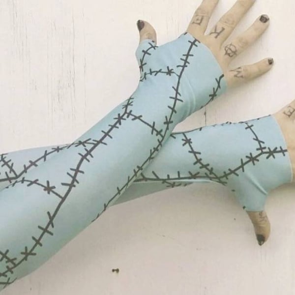 Ragdoll stitches long fingerless Gloves Sally / Frankie stein inspired , accessories, costume, cosplay, Halloween accessory, patches