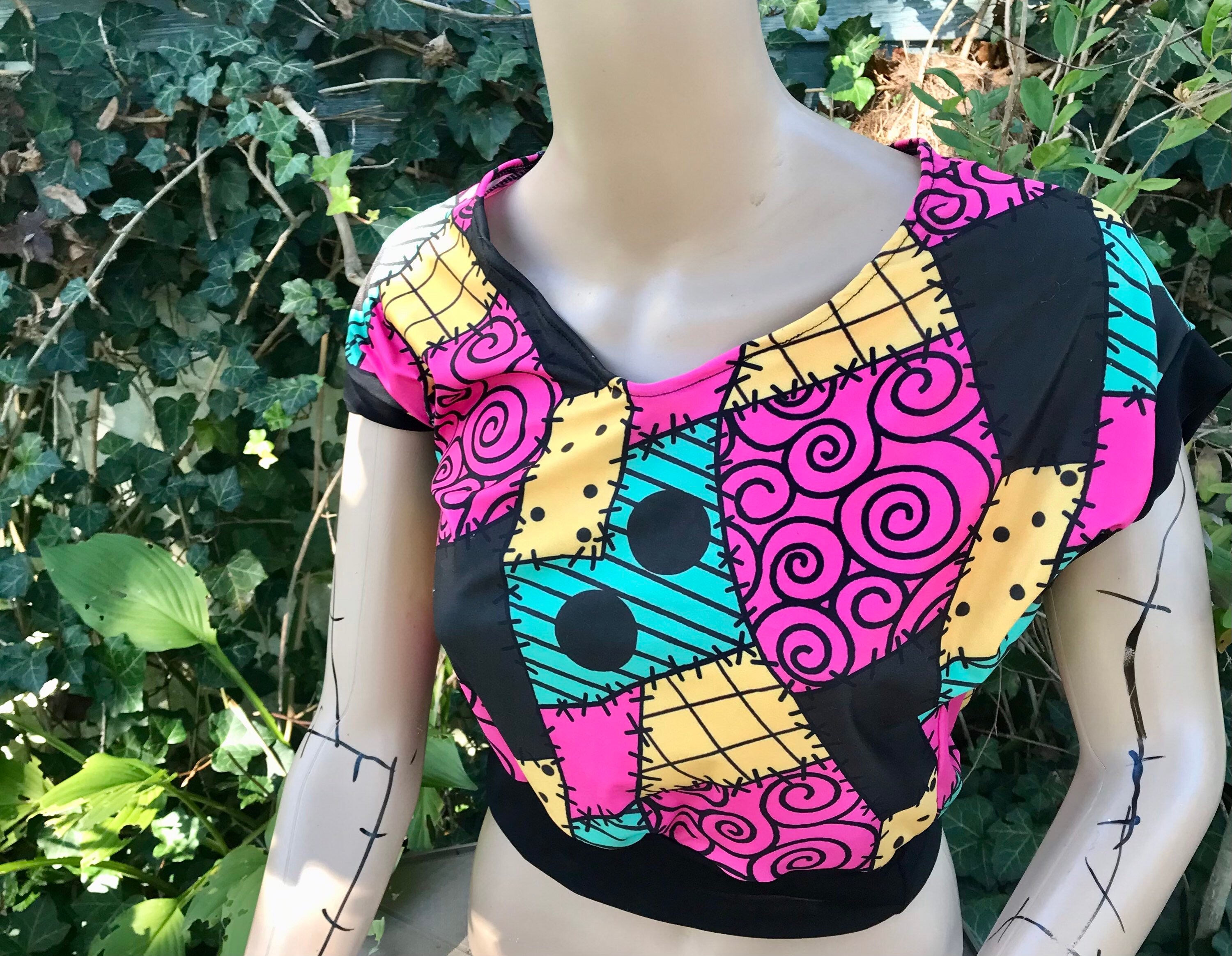 Sally Skellington nightmare patches crop top before Shirt Christmas, cosplay, halloween costume, batwing, goth, gothic, rag doll , handmade