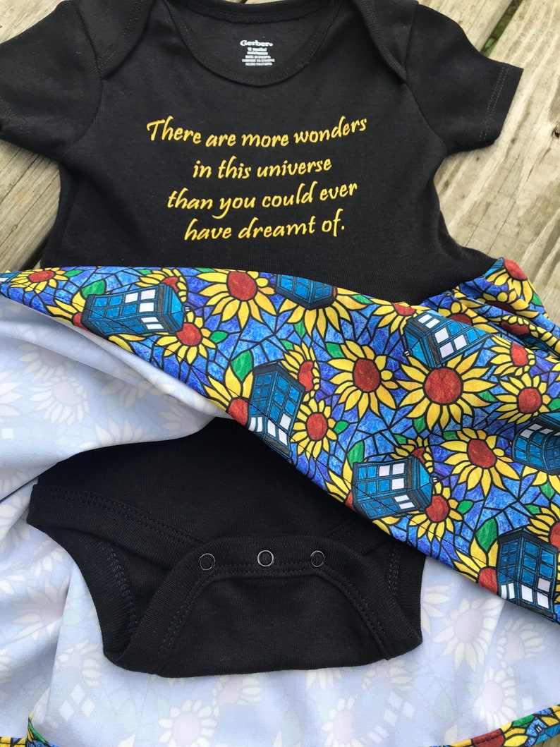 Van Gogh sunflower Police box Onsie baby dress or toddler tshirt dress Who tv Doctor bodysuit , baby layette, baby shower gift image 3