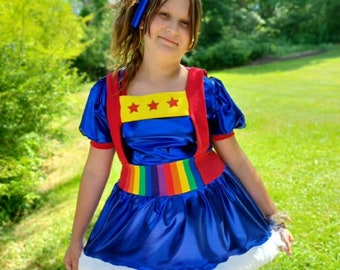 DELUXE metallic Rainbow Brite inspired suspender dress Cosplay Costume kawaii womens and Plus size, custom made to order, Halloween, pride