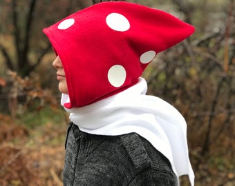 Amanita Mushroom Hoodie Scarf  Fantasy liripipe Hat, larping ,Fairy Hood,medieval festival fashion,  cosplay costume,  cottagecore kid adult