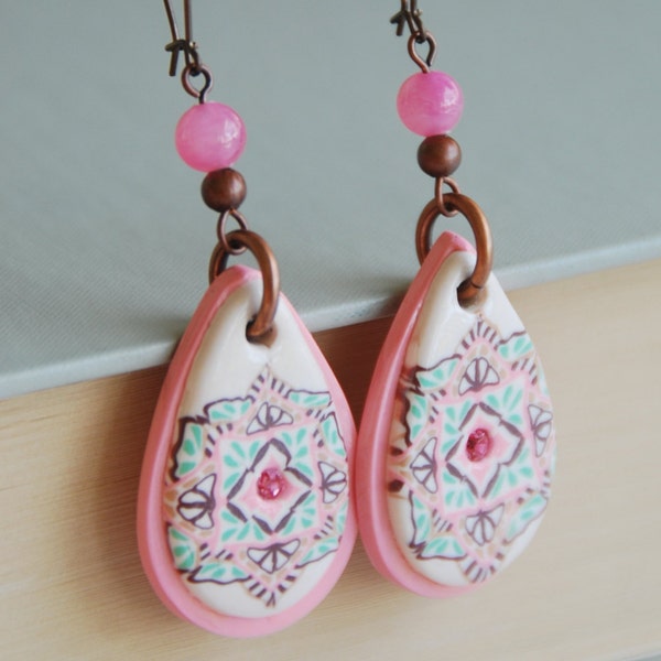 Pink and Ivory with Antique Copper Teardrop Dangle Earrings Mandala Design Handmade from Polymer Clay